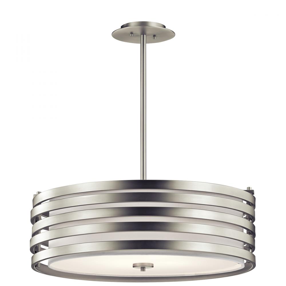 Roswell 9" 4 Light Pendant with Satin Etched Diffuser and Off White Linen Shade in Brushed Nicke
