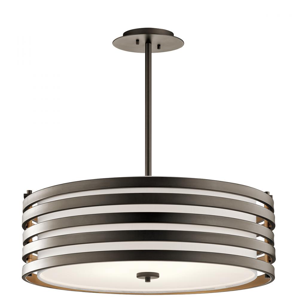 Roswell 9" 4 Light Pendant with Satin Etched Diffuser and Off White Linen Shade in Olde Bronze