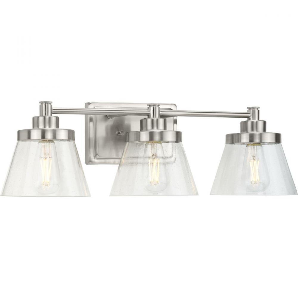 Hinton Collection Three-Light Brushed Nickel Clear Seeded Glass Farmhouse Bath Vanity Light