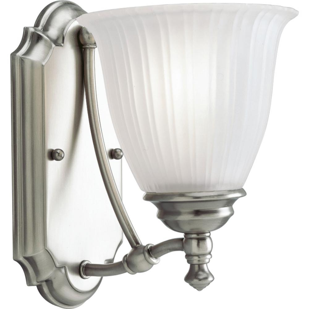 One Light Antique Nickel Etched Glass Bathroom Sconce