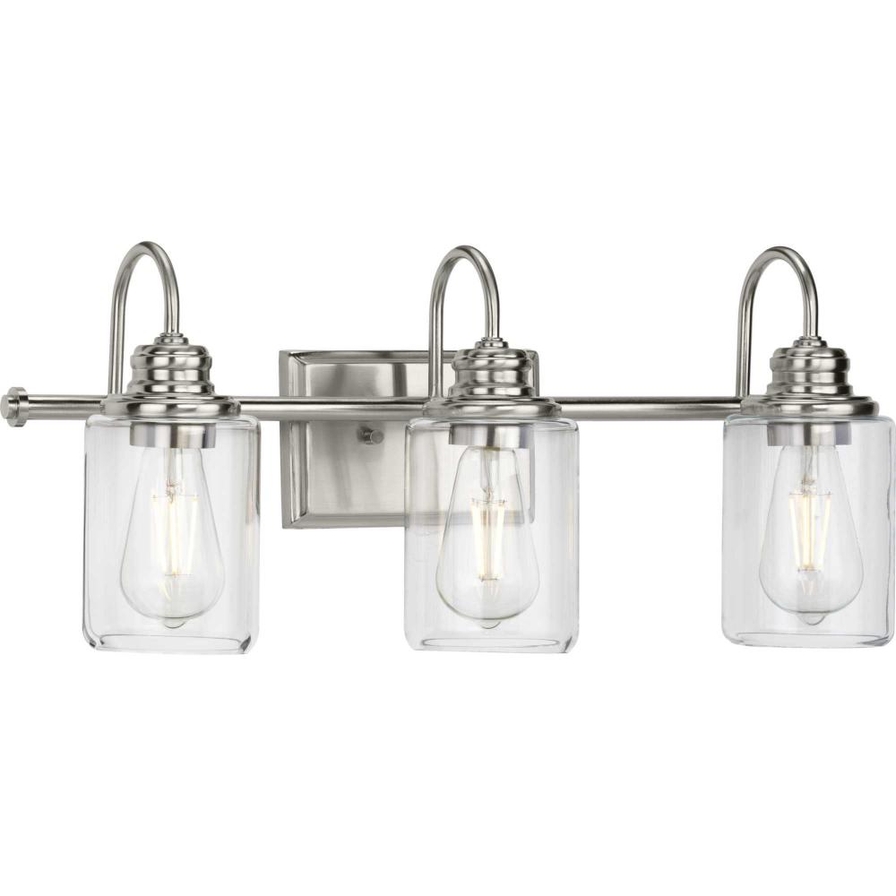Aiken Collection Three-Light Clear Glass Brushed Nickel Farmhouse Style Bath Vanity Wall Light