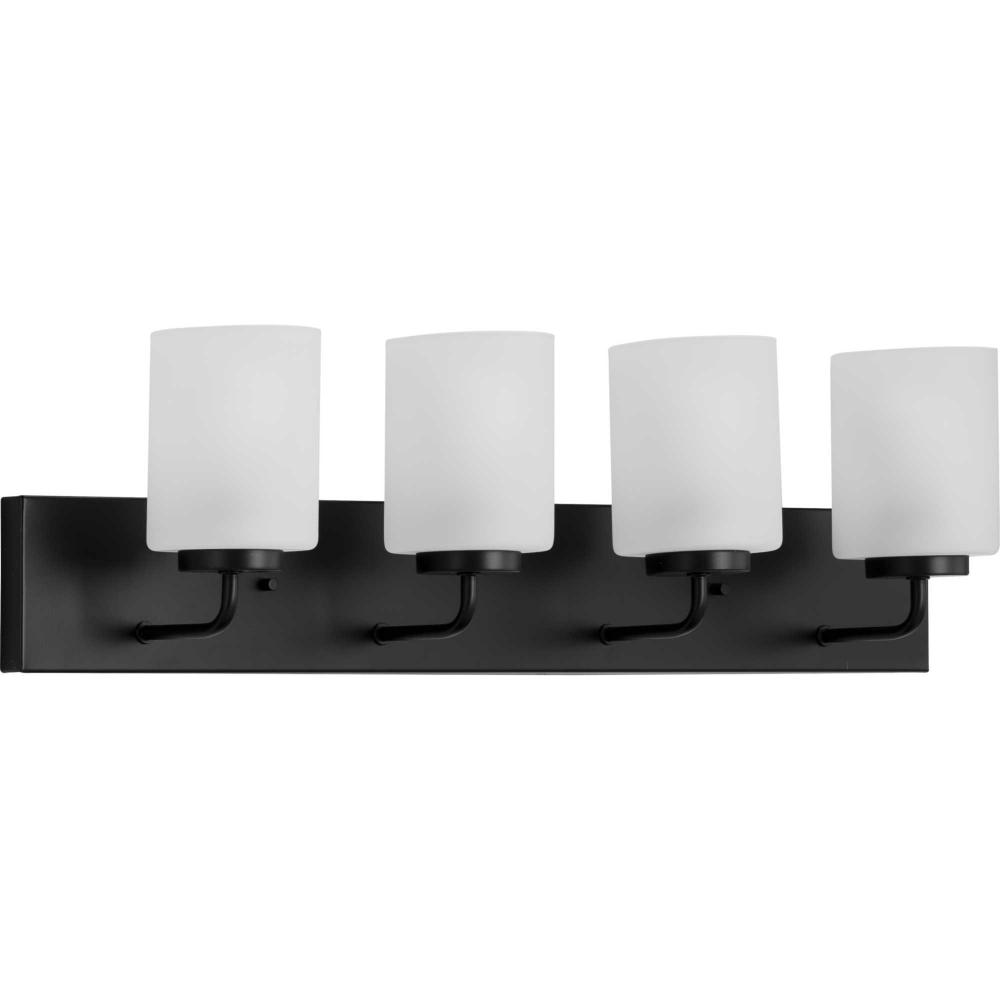 Merry Collection Four-Light Matte Black and Etched Glass Transitional Style Bath Vanity Wall Light