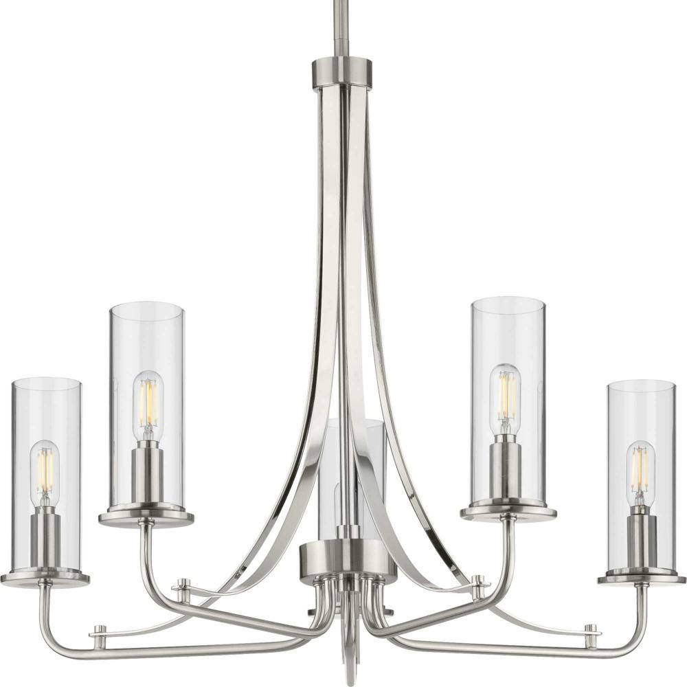 Riley Collection Five-Light Brushed Nickel Clear Glass New Traditional Chandelier Light