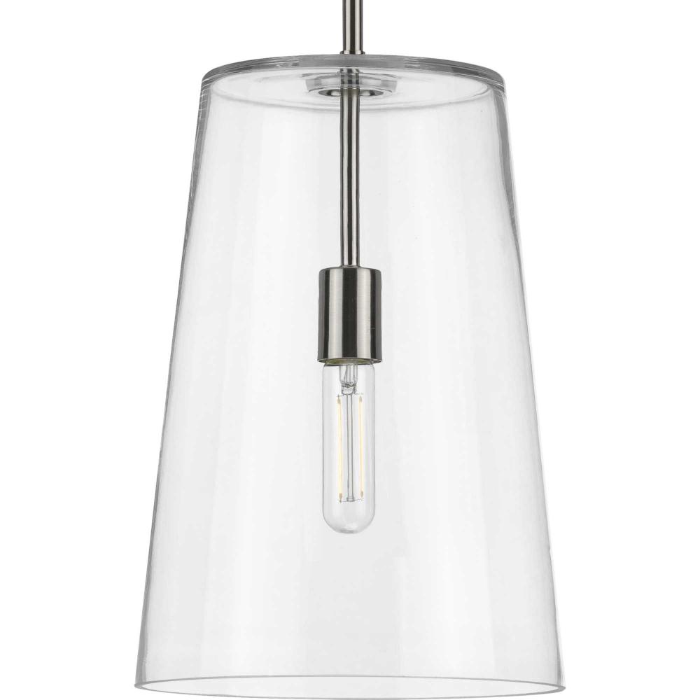 Clarion Collection One-Light Brushed Nickel Clear Glass Coastal Pendant Light