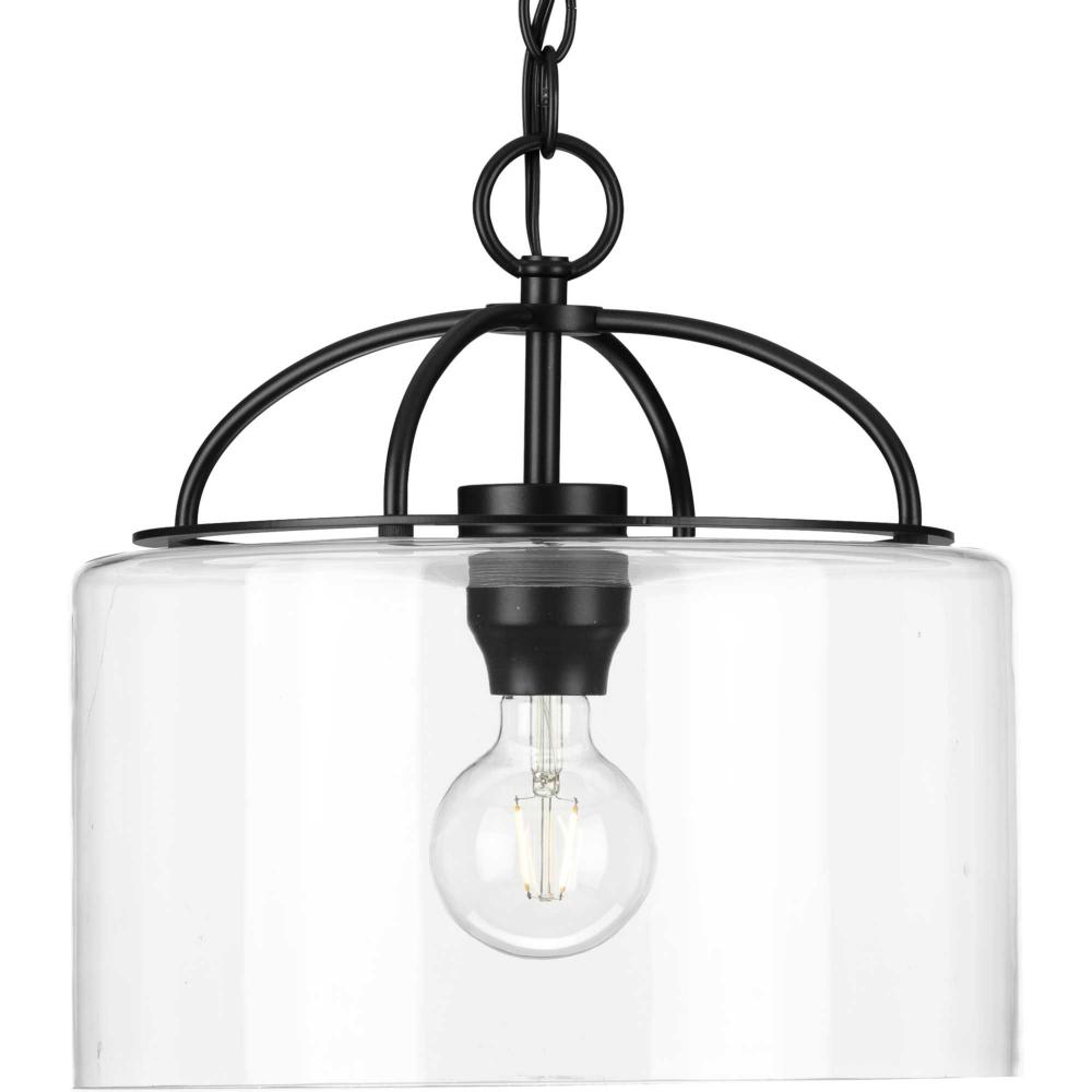 Leyden Collection One-Light Matte Black and Clear Glass Farmhouse Style Hanging Pendant Light