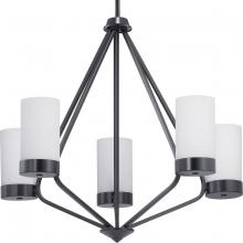  P400022-031 - Elevate Collection Five-Light Matte Black Etched White Glass Mid-Century Modern Chandelier Light