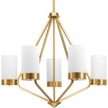  P400022-109 - Elevate Collection Five-Light Brushed Bronze Etched White Glass Mid-Century Modern Chandelier Light