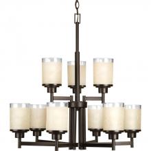  P4626-20 - Alexa Collection Nine-Light Antique Bronze Etched Umber Linen With Clear Edge Glass Modern Chandelie