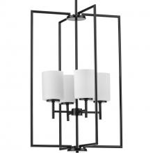  P500206-031 - Replay Collection Four-Light Textured Black Etched White Glass Modern Pendant Light