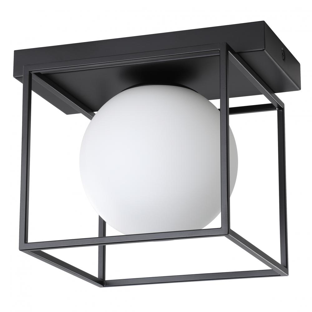 1 LT Open Frame Ceiling Light or Wall Light With Matte Black Finish and White Sphere Shaped Glass