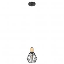  205587A - 1LT Open Frame Metal Pendant With Structured Black Finish and Wood Accent. 1-60W E26 Bulb