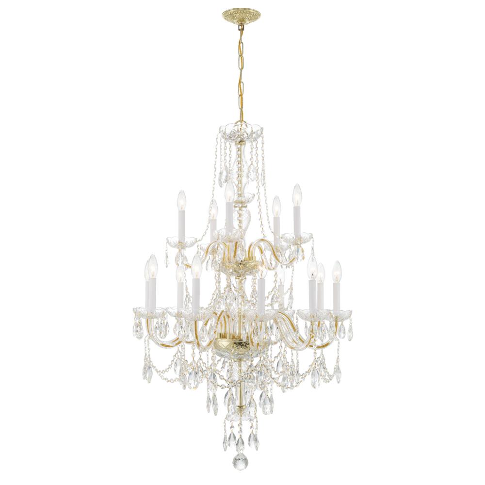 Traditional Crystal 15 Light Hand Cut Crystal Polished Brass Chandelier