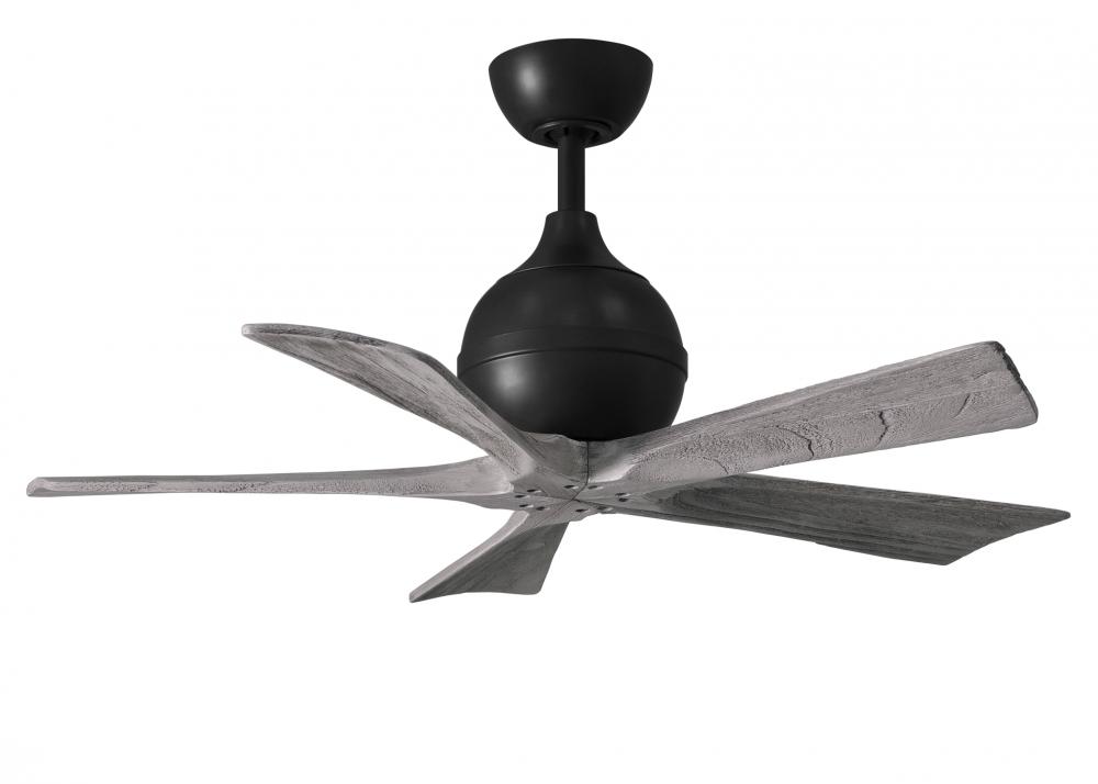 Irene-5 five-blade paddle fan in Matte Black finish with 42&#34; solid barn wood tone blades.