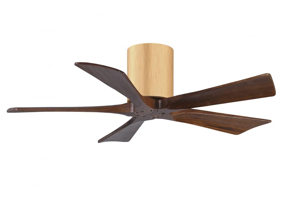 Irene-5H three-blade flush mount paddle fan in Light Maple finish with 42” Walnut tone blades. 