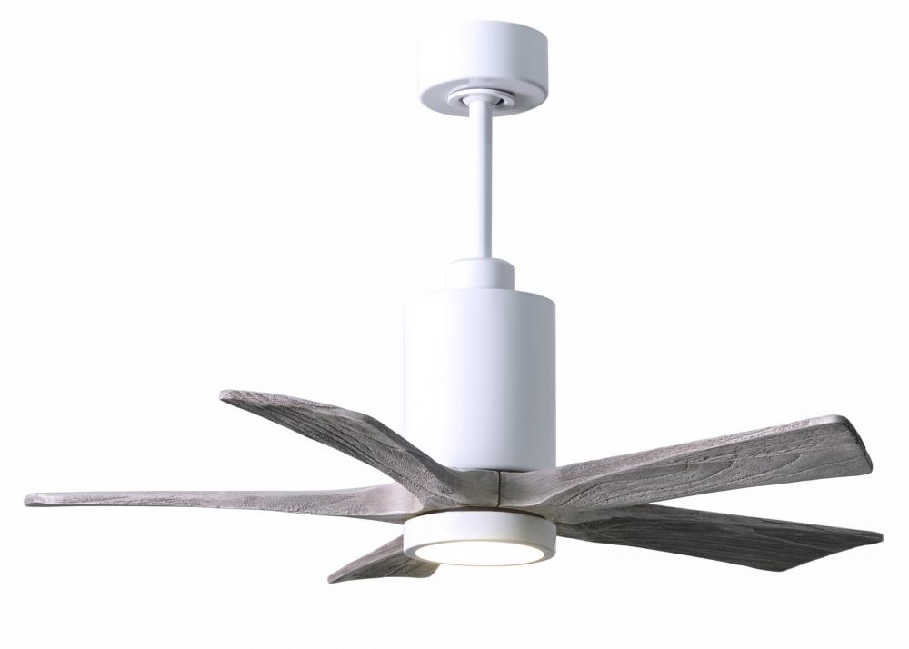 Patricia-5 five-blade ceiling fan in Gloss White finish with 42” solid barn wood tone blades and