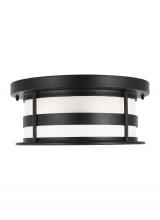  7890902-12 - Wilburn modern 2-light outdoor exterior ceiling flush mount in black finish with satin etched glass