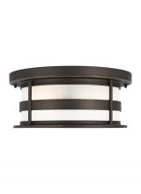  7890902-71 - Wilburn modern 2-light outdoor exterior ceiling flush mount in antique bronze finish with satin etch