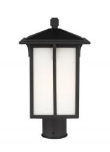  8252701-12 - Tomek modern 1-light outdoor exterior post lantern in black finish with etched white glass panels