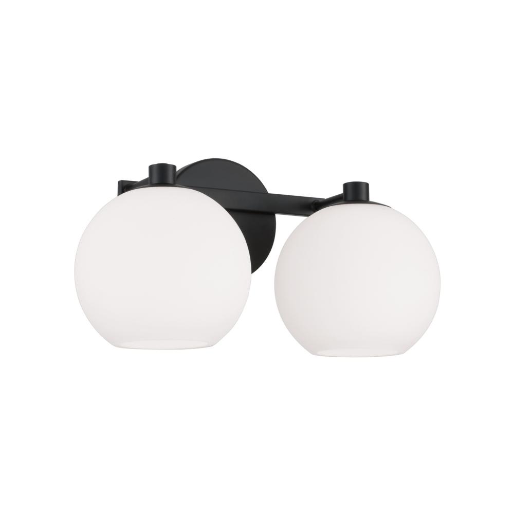 2-Light Circular Globe Vanity in Matte Black with Soft White Glass
