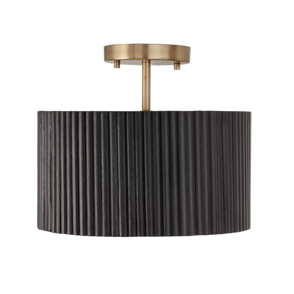 1-Light Semi-Flush Pendant in Matte Brass and Handcrafted Mango Wood in Black Stain