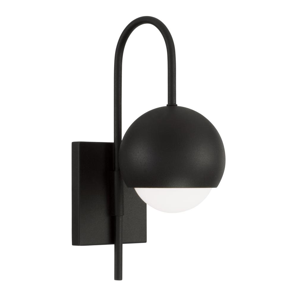 1-Light Circular Globe Sconce in Black Iron with Soft White Glass