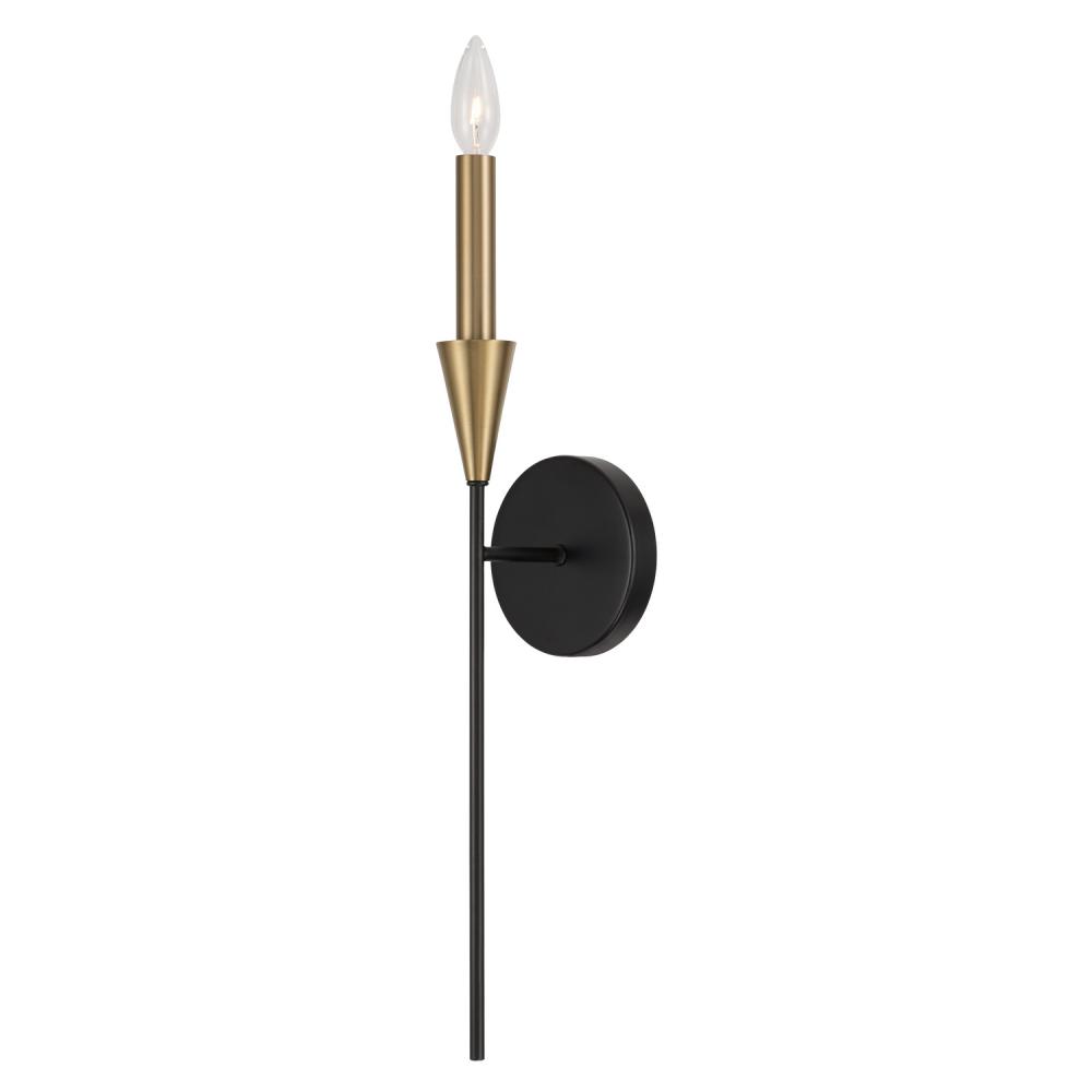 1-Light Sconce in Black and Aged Brass with Interchangeable White or Aged Brass Candle Sleeve