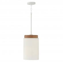  350911LT - 1-Light Cylindrical Pendant in White with Mango Wood and Soft White Glass
