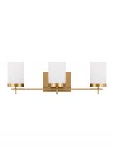  4490303EN3-848 - Zire dimmable indoor 3-light LED wall light or bath sconce in a satin brass finish with etched white
