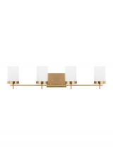  4490304-848 - Zire dimmable indoor 4-light wall light or bath sconce in a satin brass finish with etched white gla