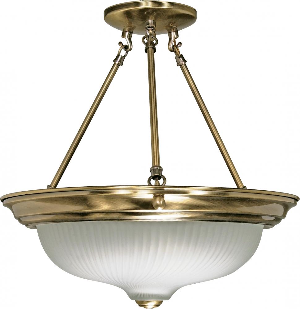 3-Light Semi Flush Mount Ceiling Light Fixture in Antique Brass Finish with Frosted Swirl Glass