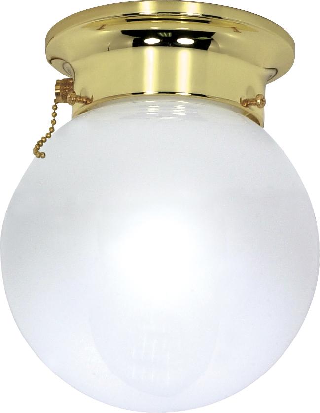 1 Light - 8" Flush with White Glass and Pull Chain Switch - Polished Brass Finish