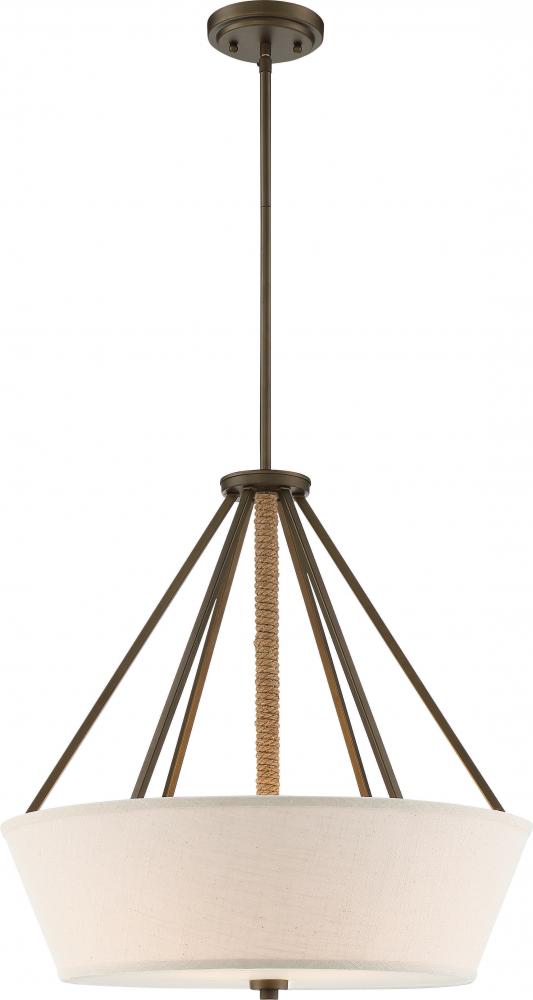 Seneca - 4 Light 22'' Pendant with Beige Linen Fabric Shade - Aged Bronze Finish with Rope