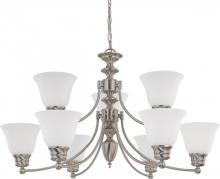  60/3256 - Empire - 9 Light 2 Tier Chandelier with Frosted White Glass - Brushed Nickel Finish