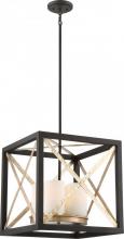  60/6134 - Boxer - 4 Light Pendant with Satin White Glass - Matte Black Finish with Antique Silver Accents