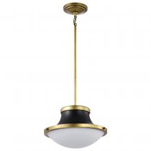  60/7907 - Lafayette 1 Light Pendant; 14 Inches; Matte Black Finish with Natural Brass Accents and White Opal