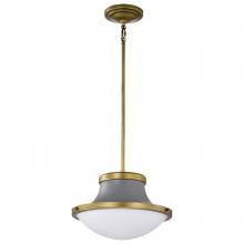  60/7917 - Lafayette 1 Light Pendant; 14 Inches; Gray Finish with Natural Brass Accents and White Opal Glass