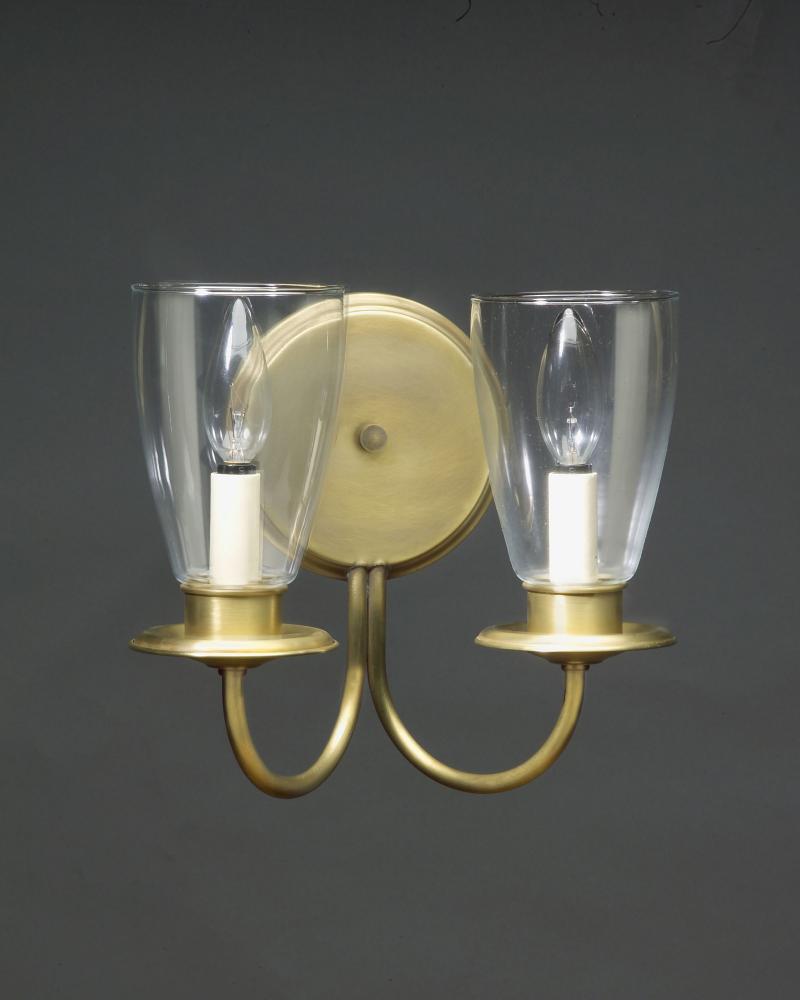 Wall Sconce 2 J-Arm Round Back Antique Brass 2 Candelabra Socket Glass Shade