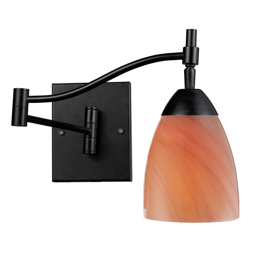 Celina 1-Light Swingarm Wall Lamp in Dark Rust with Sandy Swirled Glass