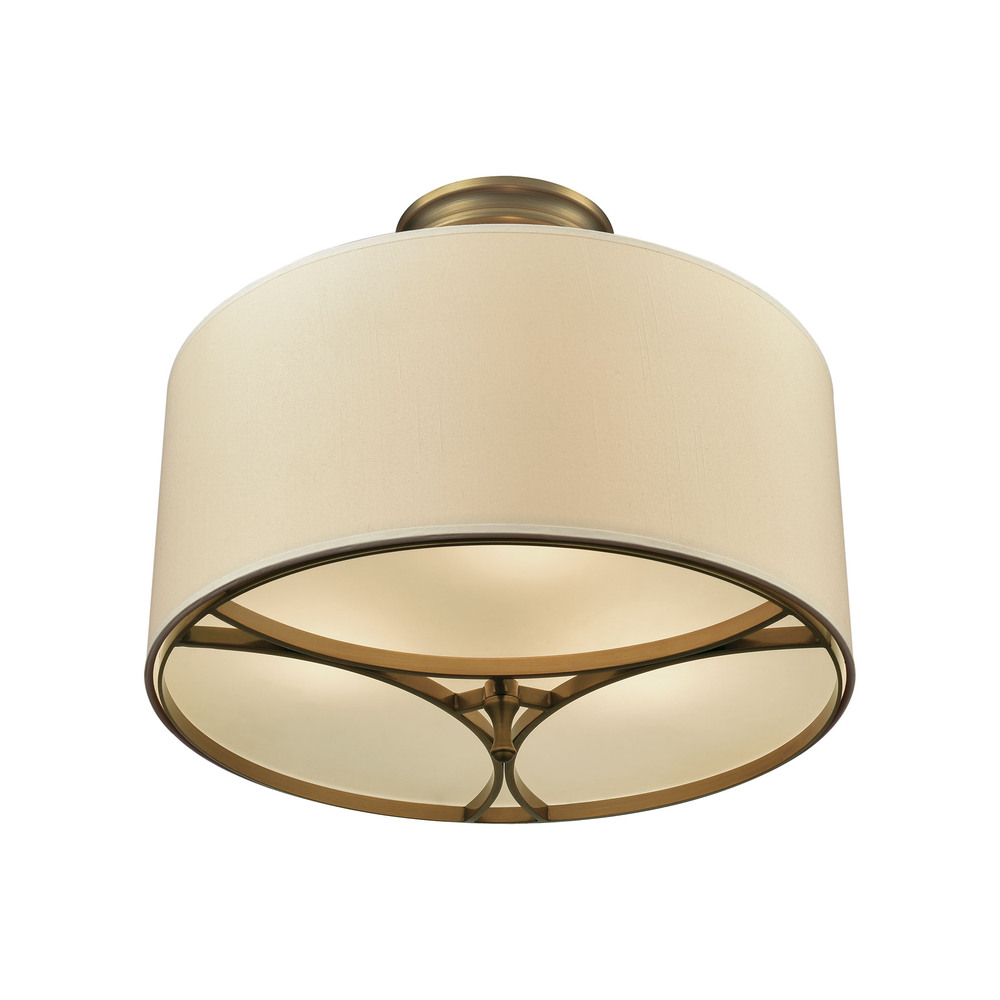 Pembroke 3 Light Semi Flush in Brushed Antique Brass with A Light Tan Fabric Shade