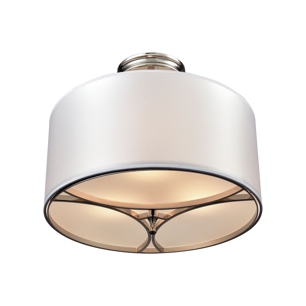 Pembroke 3 Light Semi Flush in Polished Nickel with A Light Silver Fabric Shade