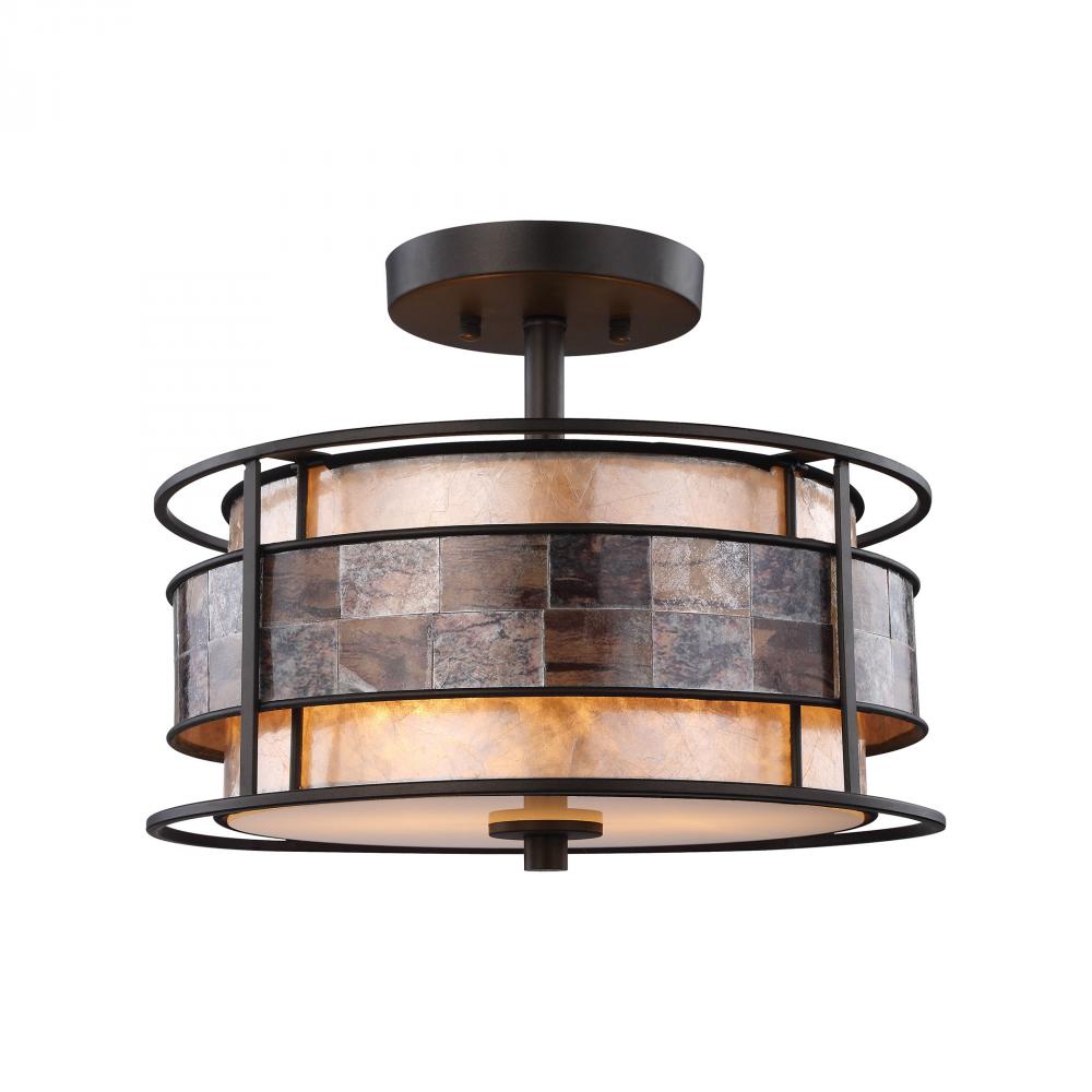 Tremont 2-Light Semi Flush in Tiffany Bronze with Brown Mosaic and Tan Mica Shade